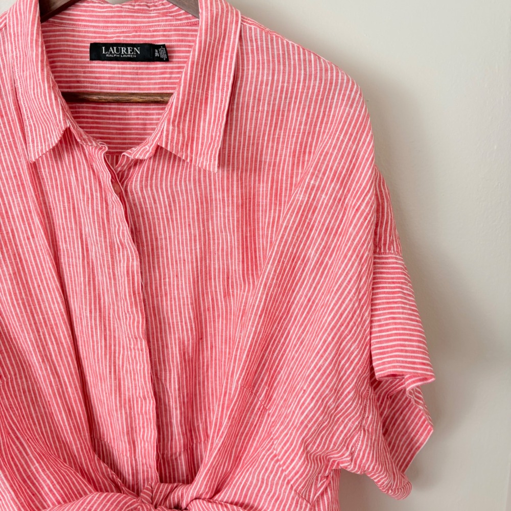 Lauren Ralph Lauren Linen Striped Shirt Womens 3X Pink Red Cool Light Resort - Picture 7 of 8